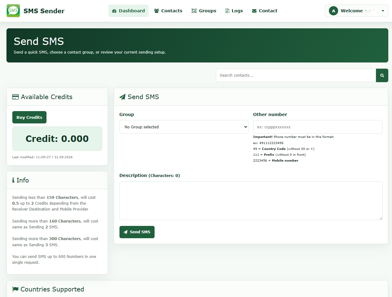 SMS Sender Dashboard screen