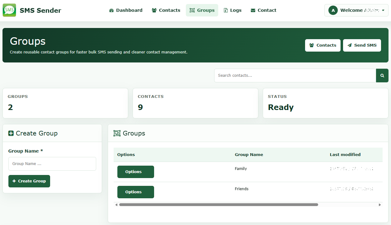 SMS Sender Group screen