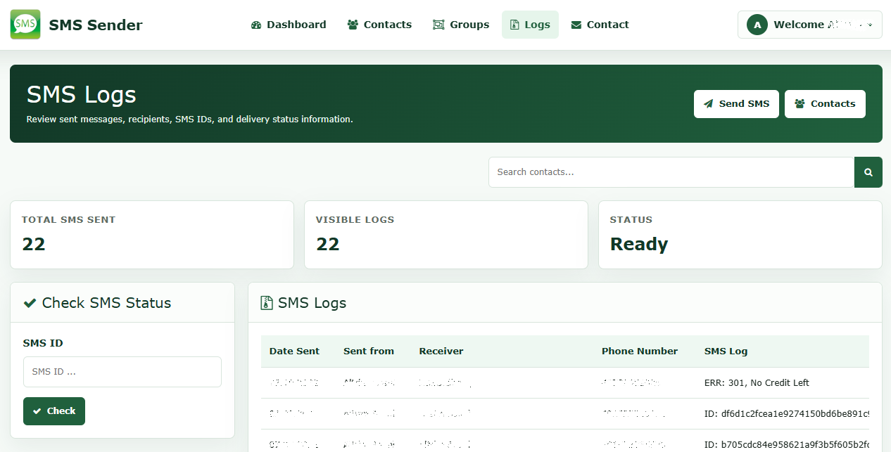 SMS Sender Log screen